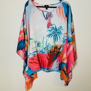 JM Collection Poncho Top 3X Tropical Flowy Beachy Art to Wear Tassel Tie Travel
